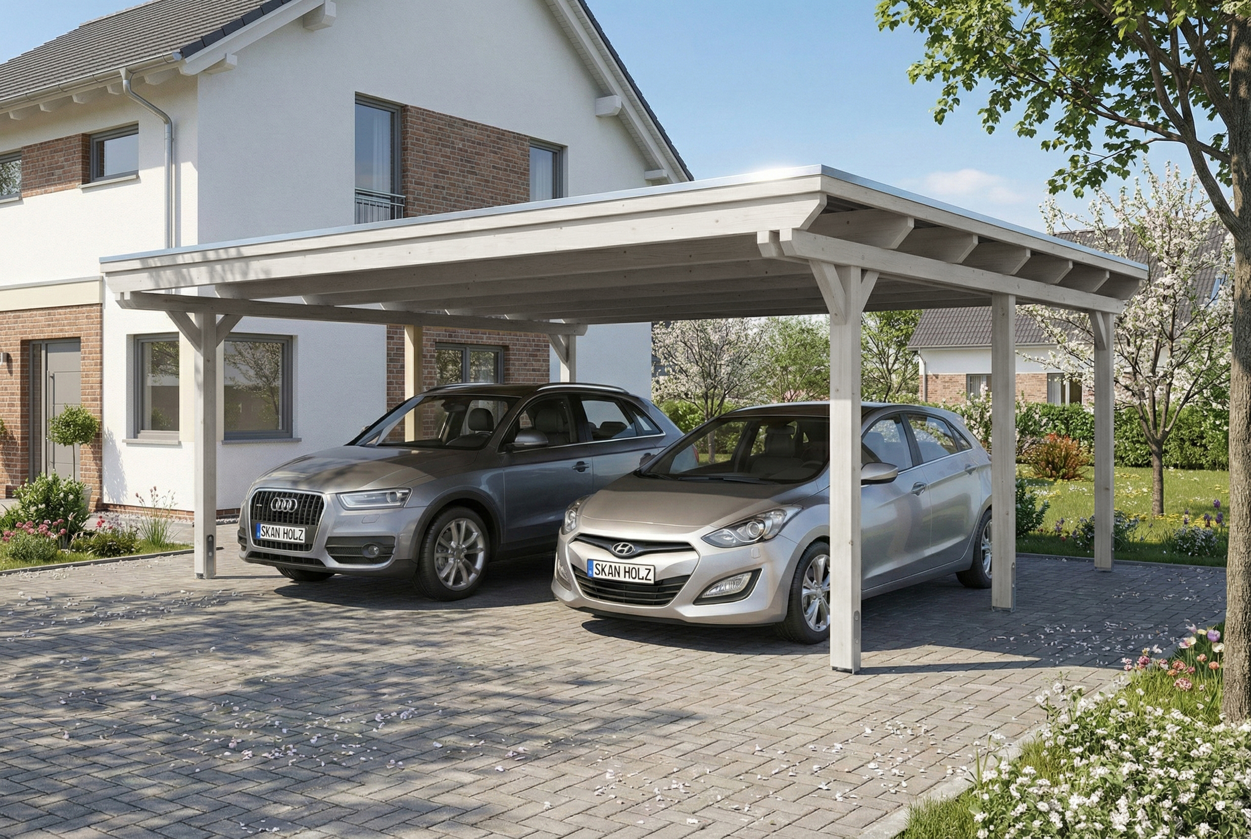 AI generated – Carport Emsland 609 x 604 cm, Stahl-Dachplatten mit Antikondensvlies, weiß