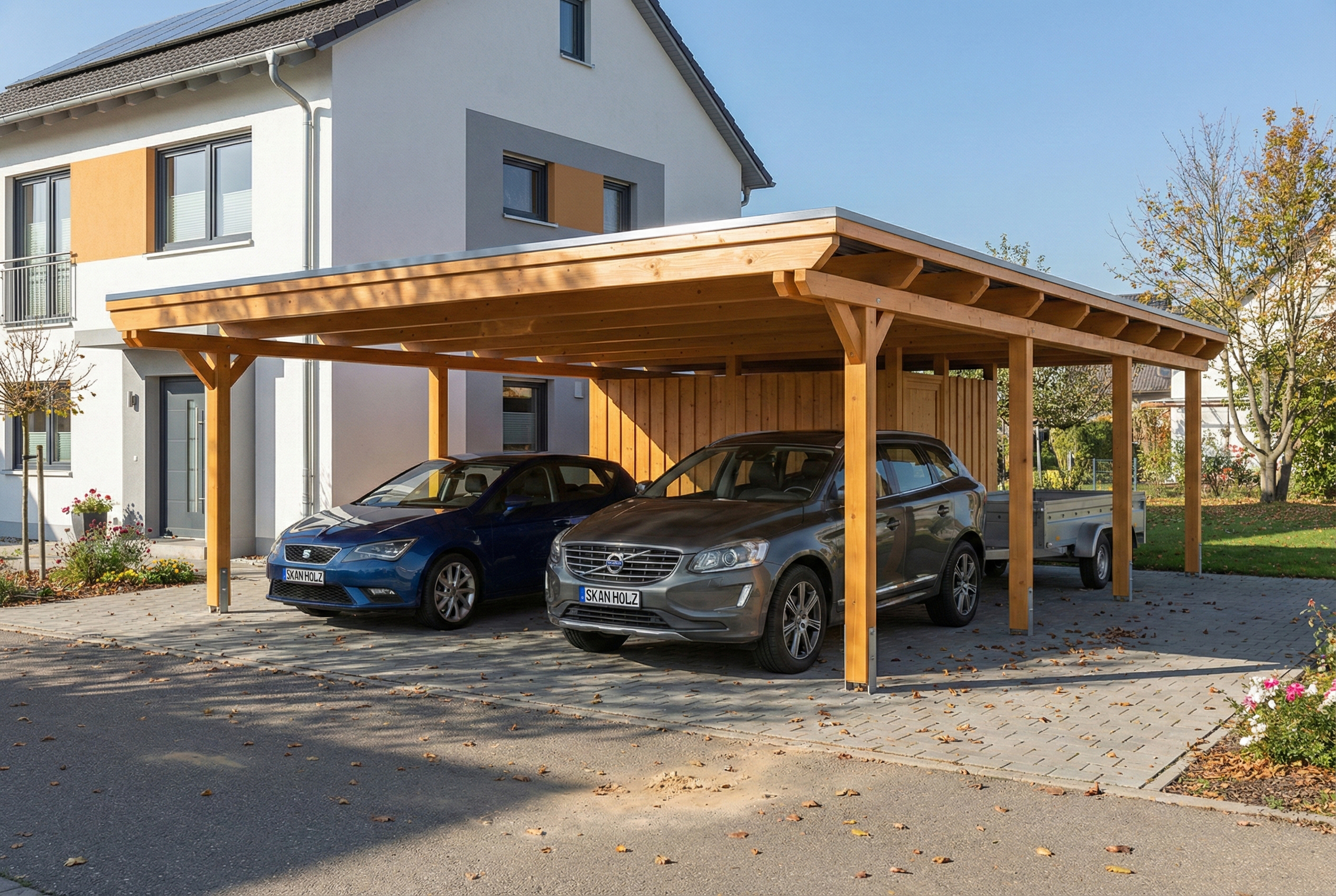 AI generated – Carport Emsland 609 x 846 cm, Stahl-Dachplatten mit Antikondensvlies, mit Abstellraum, eiche hell
