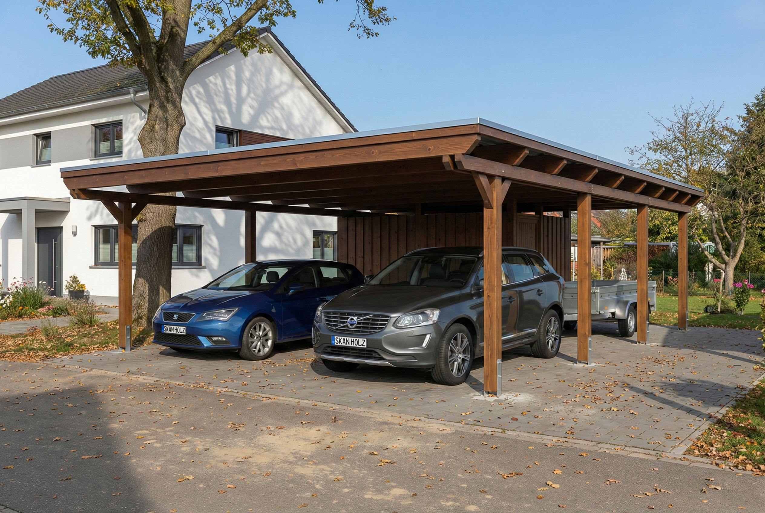 AI generated – Carport Emsland 609 x 846 cm mit EPDM-Dach, mit Abstellraum, nussbaum