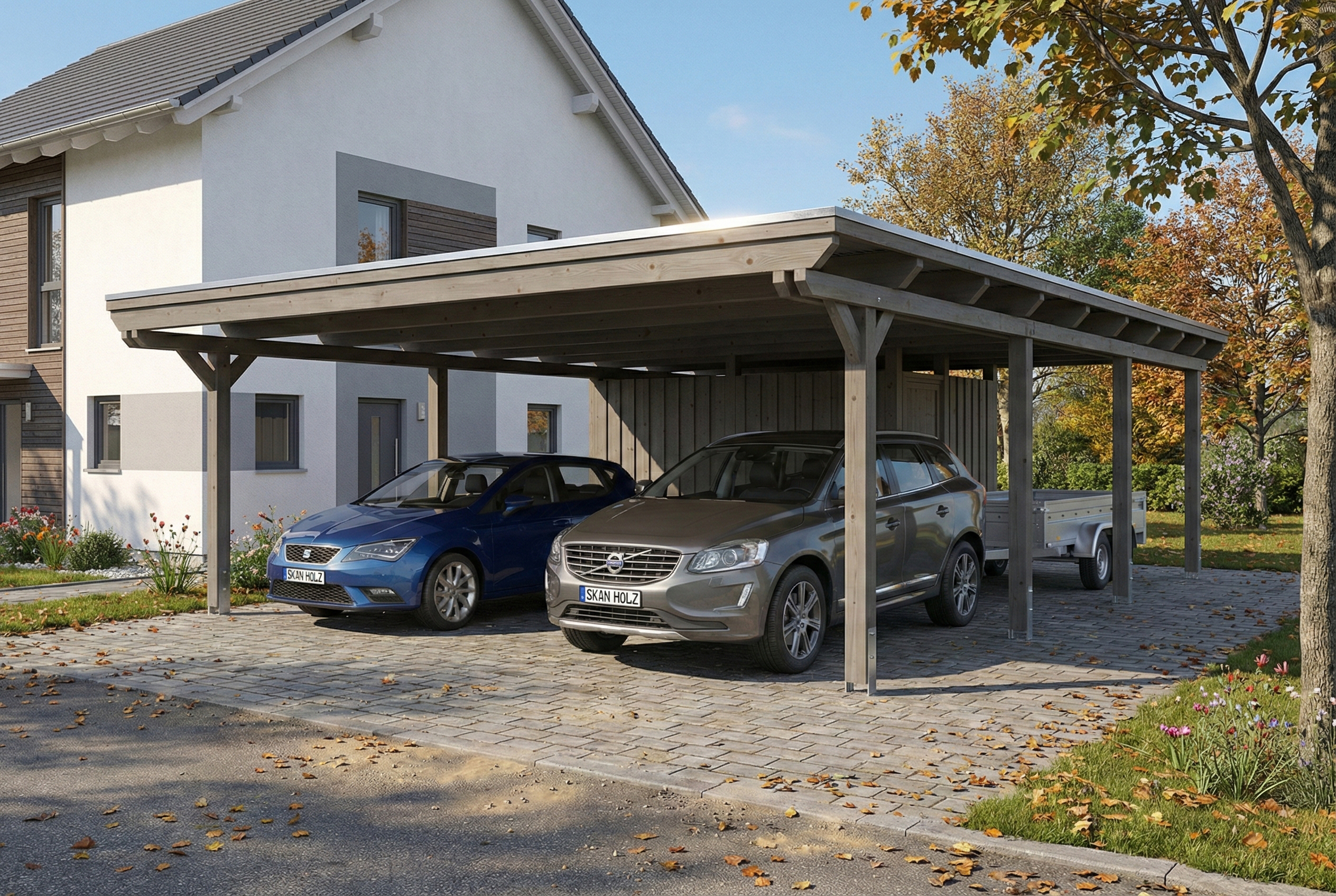 AI generated – Carport Emsland 609 x 846 cm mit EPDM-Dach, mit Abstellraum, schiefergrau