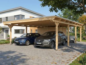 AI generated – Carport Emsland 609 x 846 cm mit EPDM-Dach, mit Abstellraum, natur