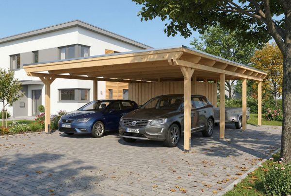 AI generated – Carport Emsland 609 x 846 cm mit EPDM-Dach, mit Abstellraum, natur
