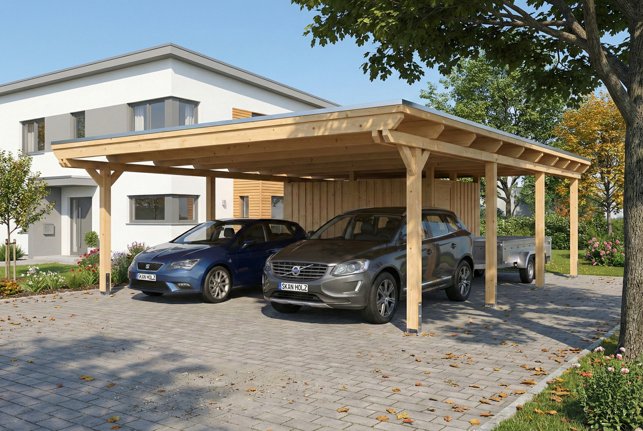 AI generated – Carport Emsland 609 x 846 cm mit EPDM-Dach, mit Abstellraum, natur