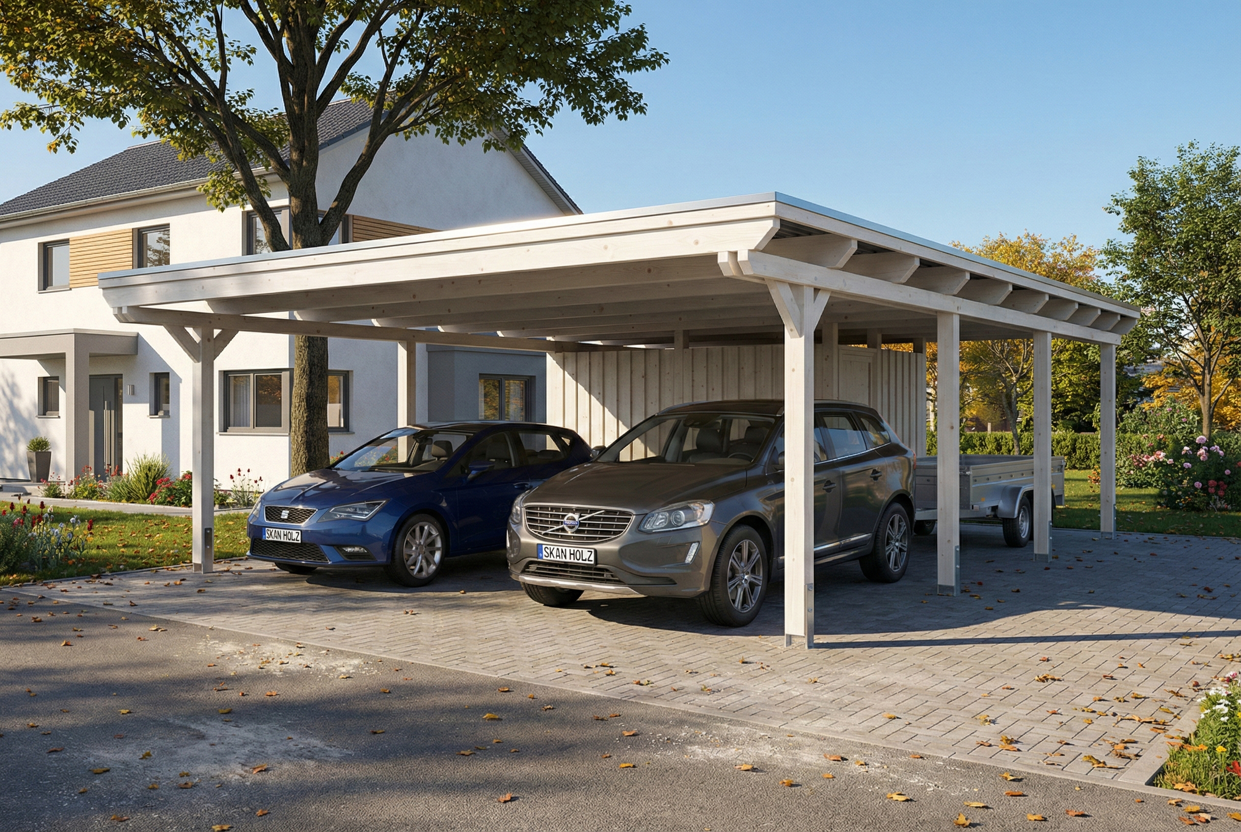 AI generated – Carport Emsland 609 x 846 cm mit EPDM-Dach, mit Abstellraum, weiß