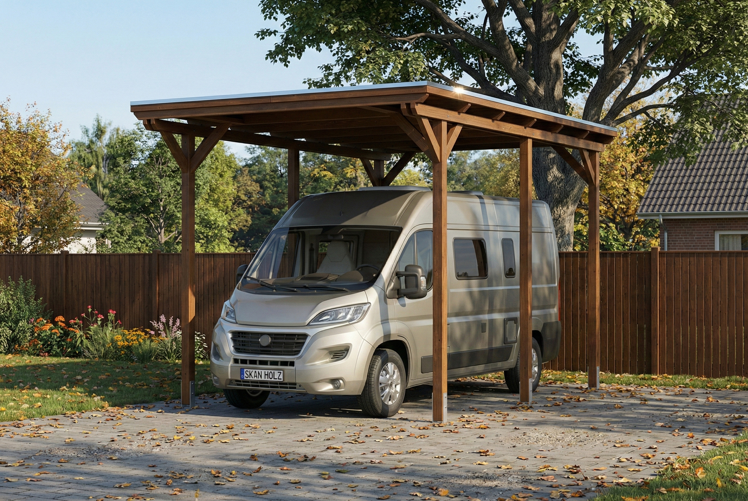 Carport Emsland Caravan 402 x 604 cm, Stahl-Dachplatten mit Antikondensvlies, nussbaum AI generated – Carport Emsland Caravan 402 x 604 cm, Stahl-Dachplatten mit Antikondensvlies, nussbaum