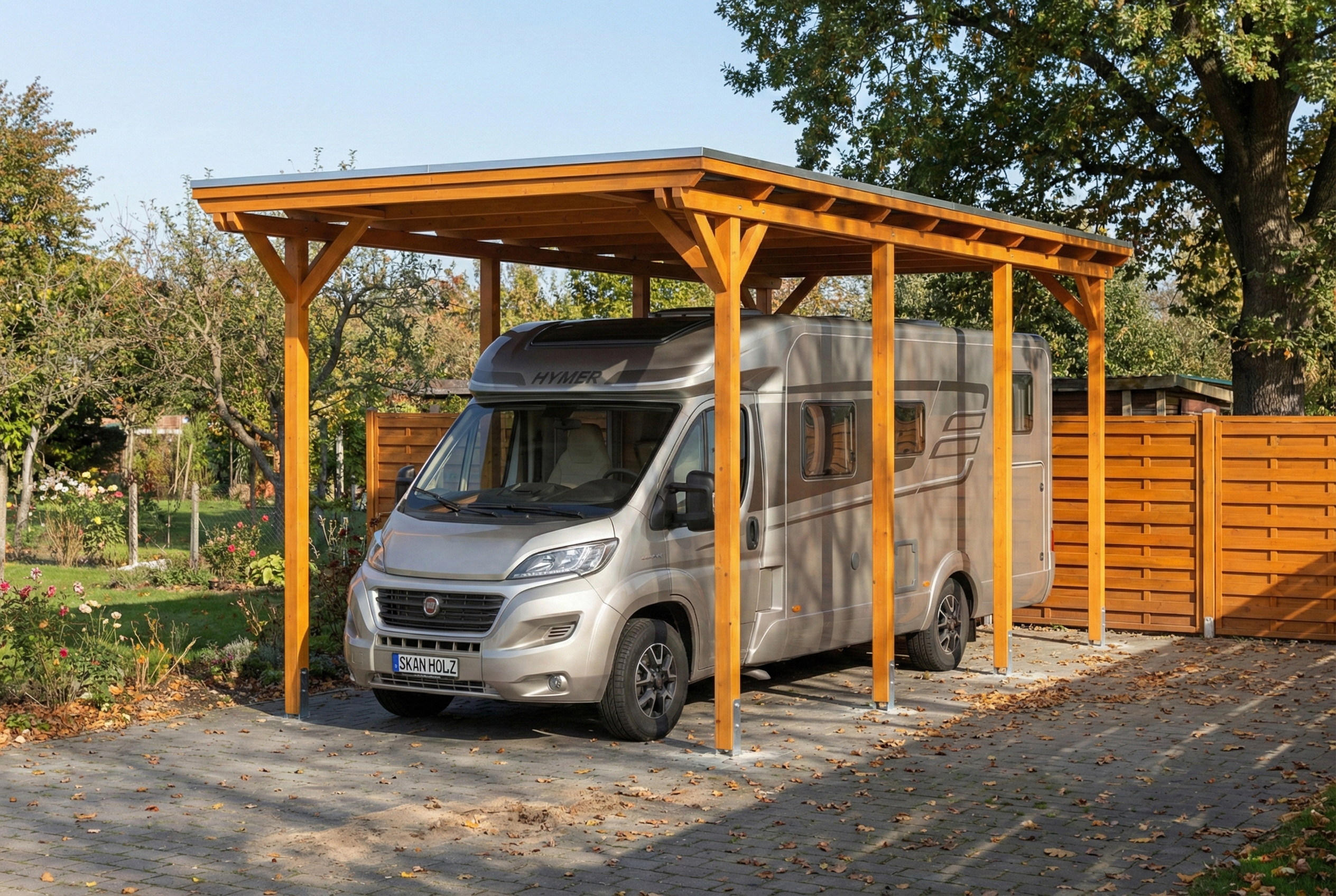 AI generated – Carport Emsland Caravan 402 x 846 cm, Stahl-Dachplatten mit Antikondensvlies, eiche hell