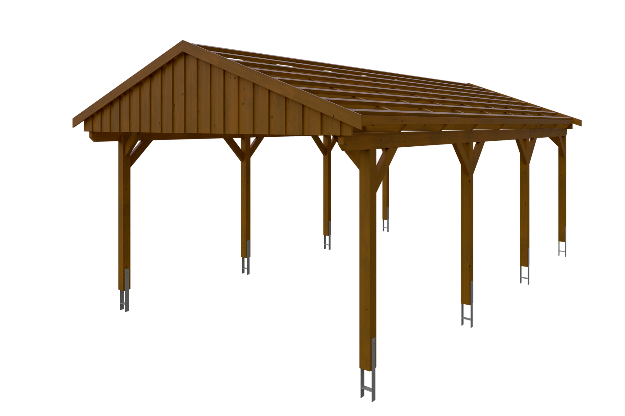 Carport Fichtelberg 423 x 808 cm, rote Schindeln, nussbaum