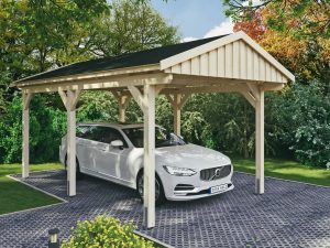 Carport Fichtelberg 317 x 566 cm, schwarze Schindeln, natur