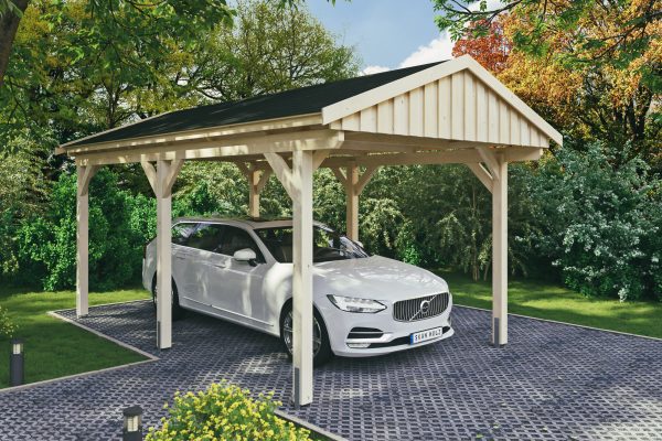 Carport Fichtelberg 317 x 566 cm, schwarze Schindeln, natur