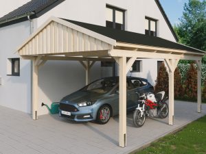 Carport Fichtelberg 423 x 566 cm, schwarze Schindeln, natur