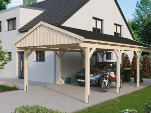 Carport Fichtelberg 423 x 808 cm, schwarze Schindeln, natur
