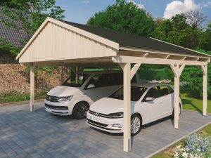 Carport Fichtelberg 618 x 566 cm, schwarze Schindeln, natur