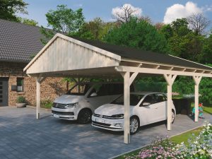 Carport Fichtelberg 618 x 808 cm, schwarze Schindeln, natur