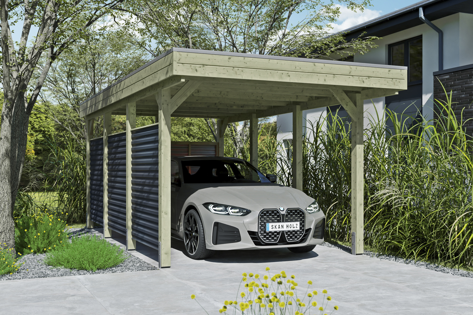 AI generated – Carport Friesland Hybrid Set 11, 314 x 555 cm mit Rück- und Seitenwand