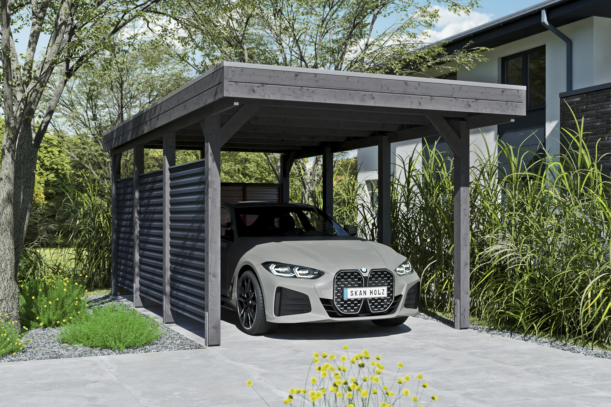 AI generated – Carport Friesland Hybrid Set 11, 314 x 555 cm mit Rück- und Seitenwand, schiefergrau