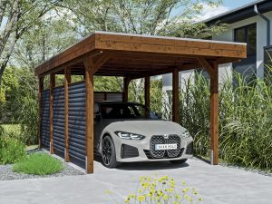 AI generated – Carport Friesland Hybrid Set 11, 314 x 555 cm mit Rück- und Seitenwand, nussbaum