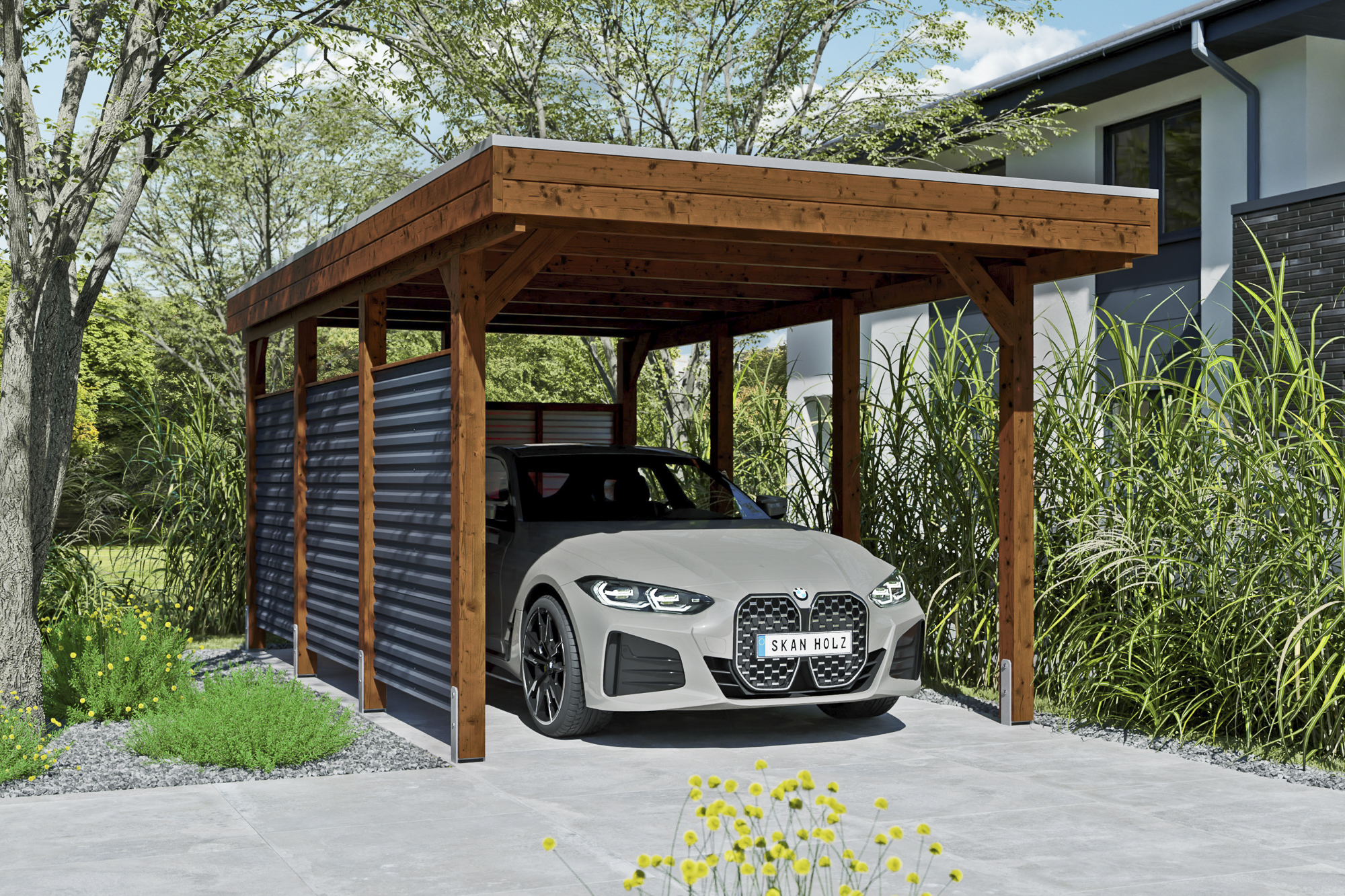 AI generated – Carport Friesland Hybrid Set 11, 314 x 555 cm mit Rück- und Seitenwand, nussbaum