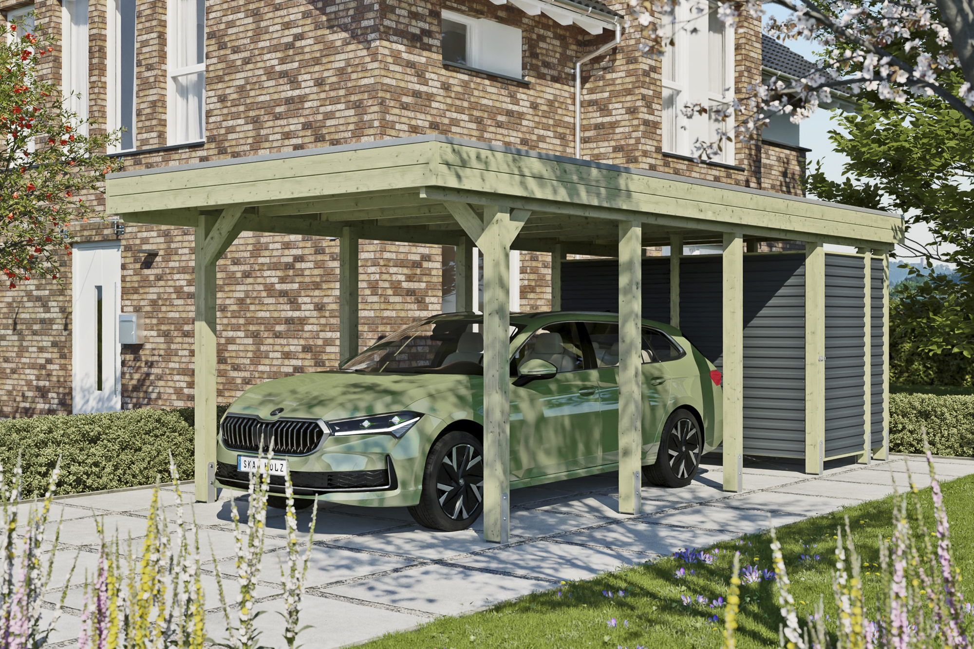 AI generated – Carport Friesland Hybrid Set 12, 314 x 708 cm mit Abstellraum