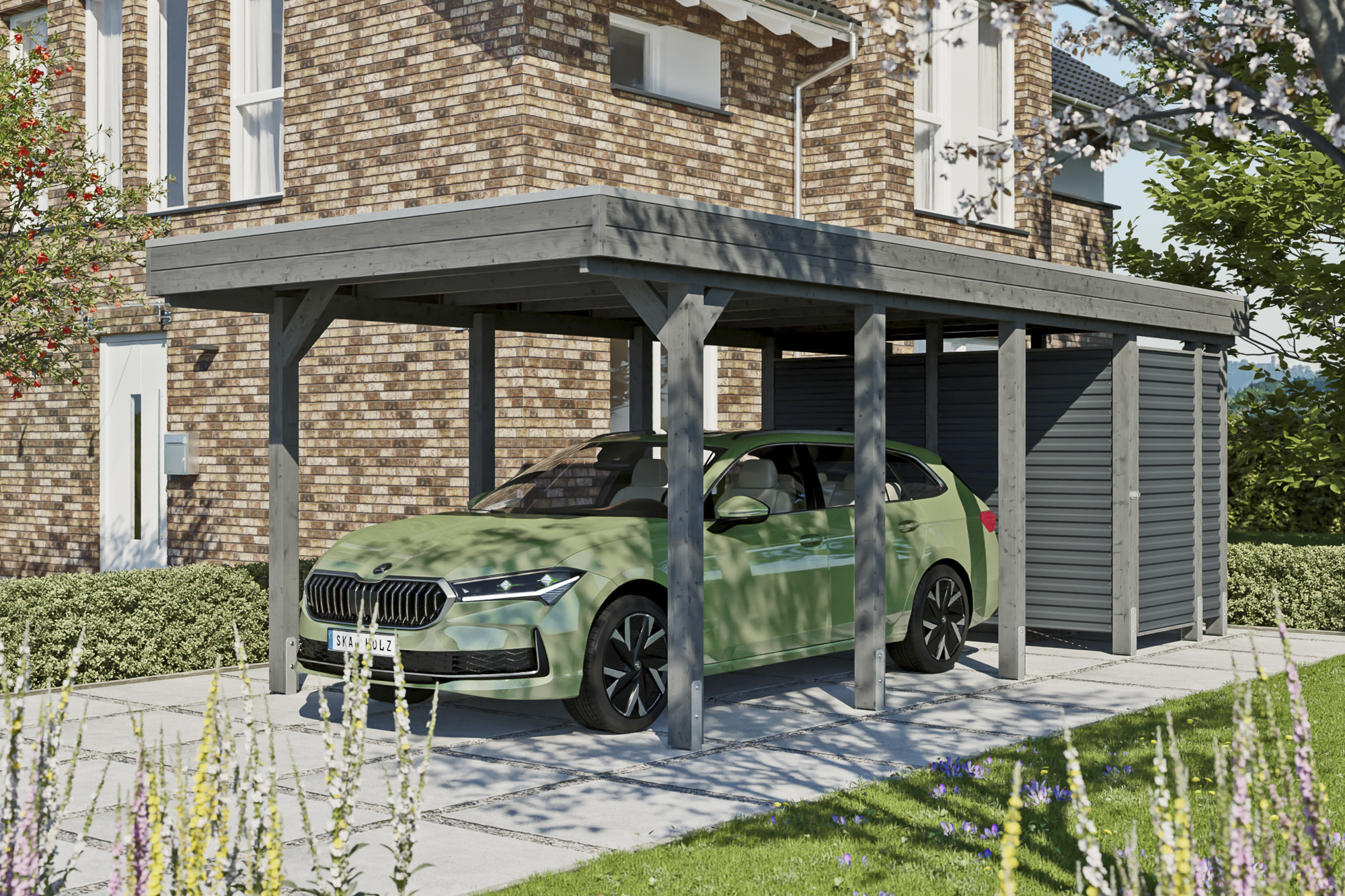 AI generated – Carport Friesland Hybrid Set 12, 314 x 708 cm mit Abstellraum, schiefergrau