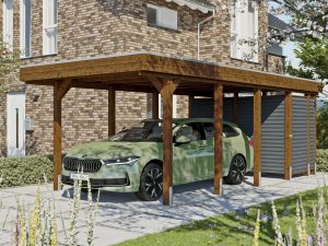 AI generated – Carport Friesland Hybrid Set 12, 314 x 708 cm mit Abstellraum, nussbaum