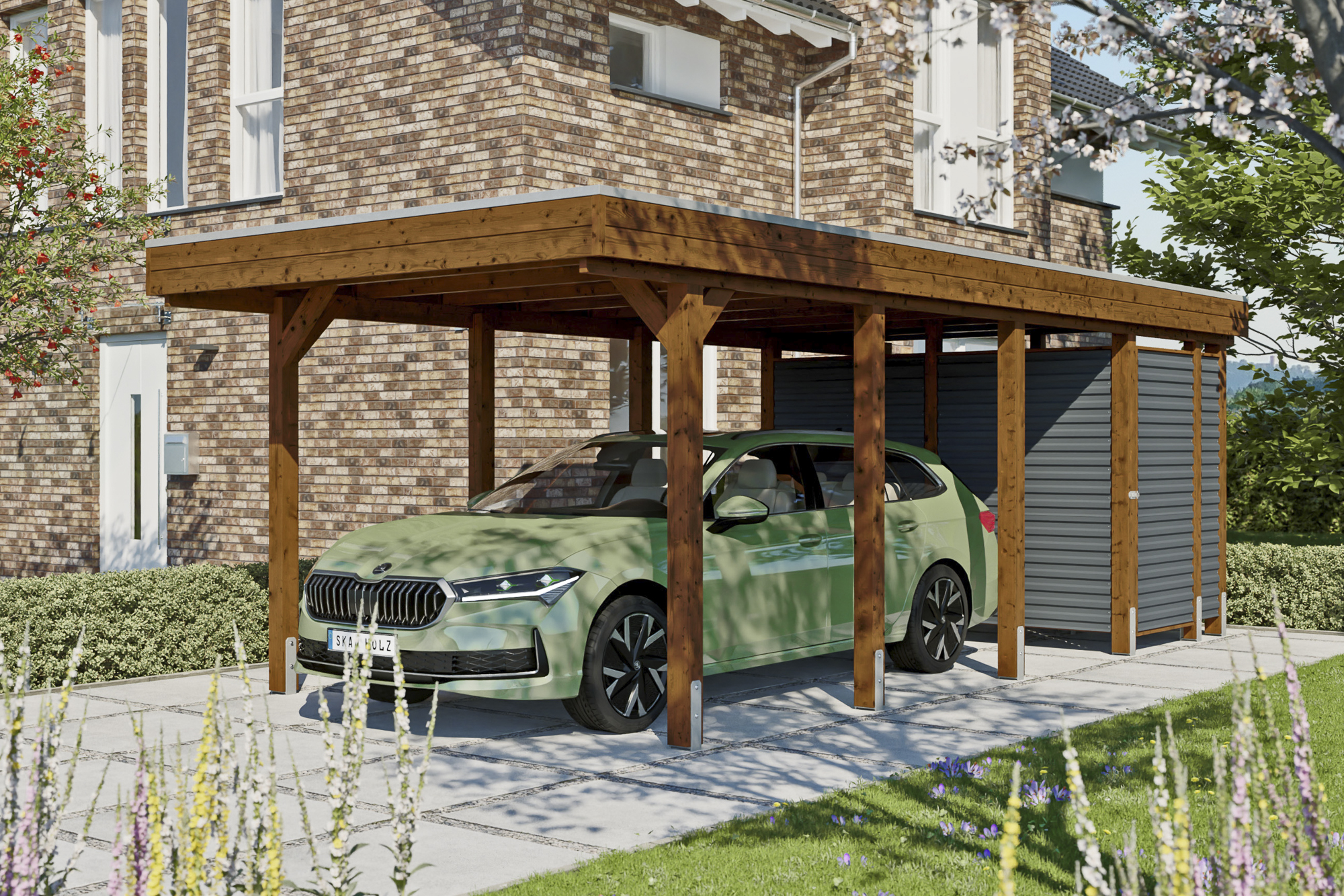 AI generated – Carport Friesland Hybrid Set 12, 314 x 708 cm mit Abstellraum, nussbaum