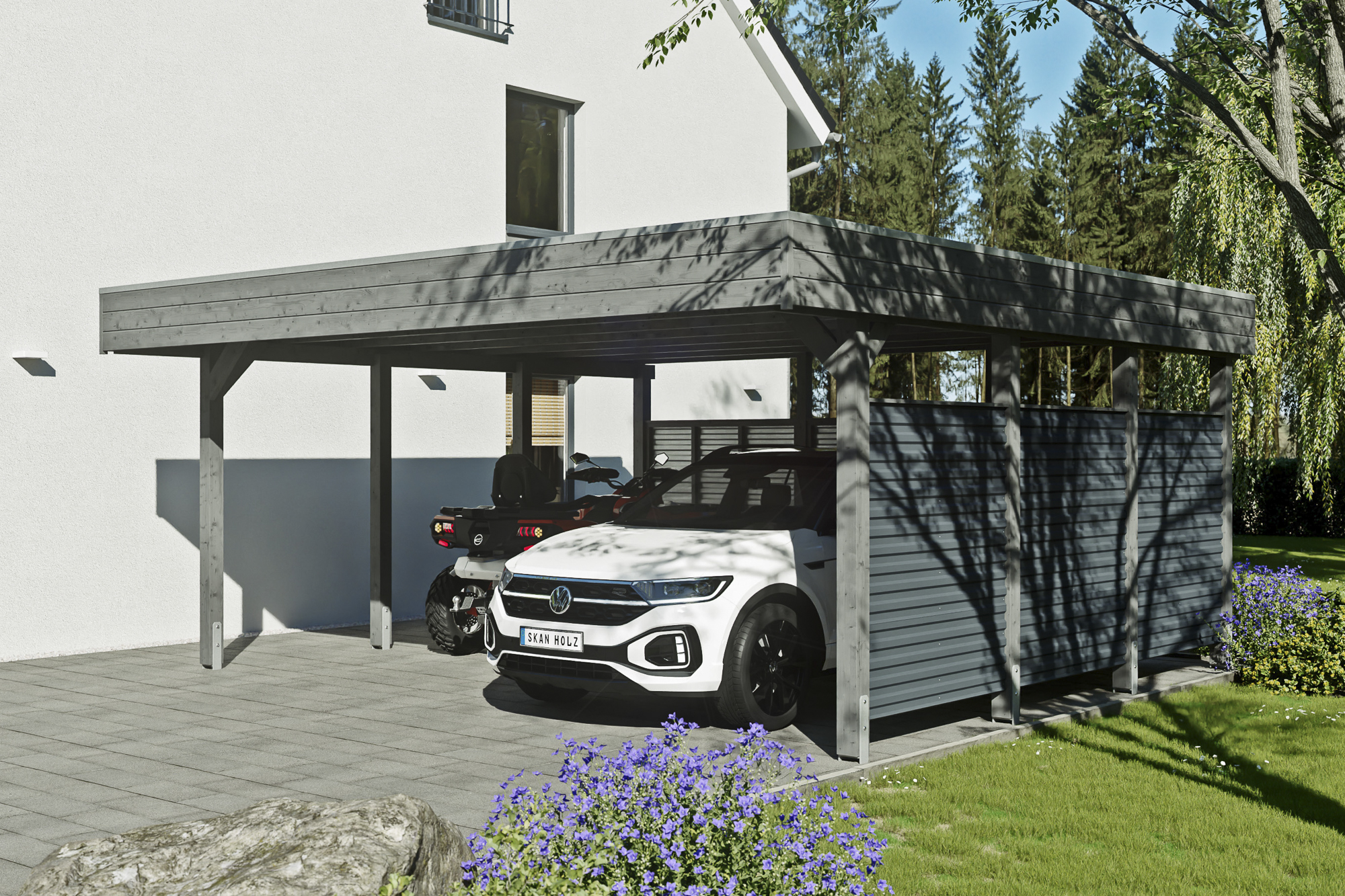 AI generated – Carport Friesland Hybrid Set 13, 557 x 555 cm mit Rück- und Seitenwand, schiefergrau