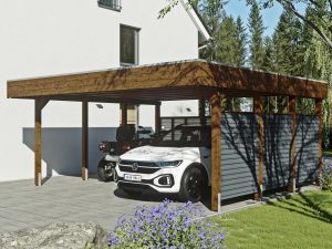 AI generated – Carport Friesland Hybrid Set 13, 557 x 555 cm mit Rück- und Seitenwand, nussbaum