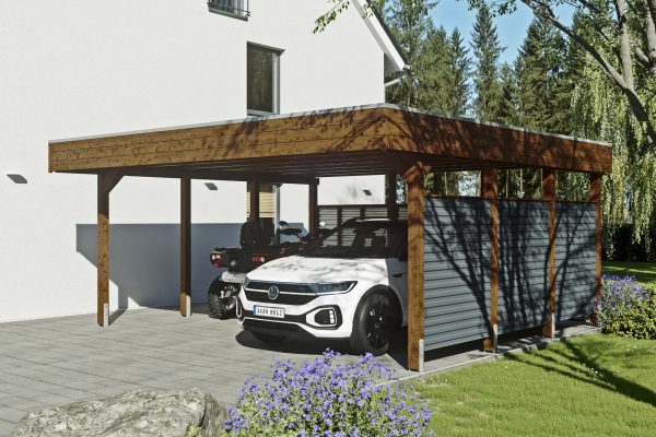 AI generated – Carport Friesland Hybrid Set 13, 557 x 555 cm mit Rück- und Seitenwand, nussbaum