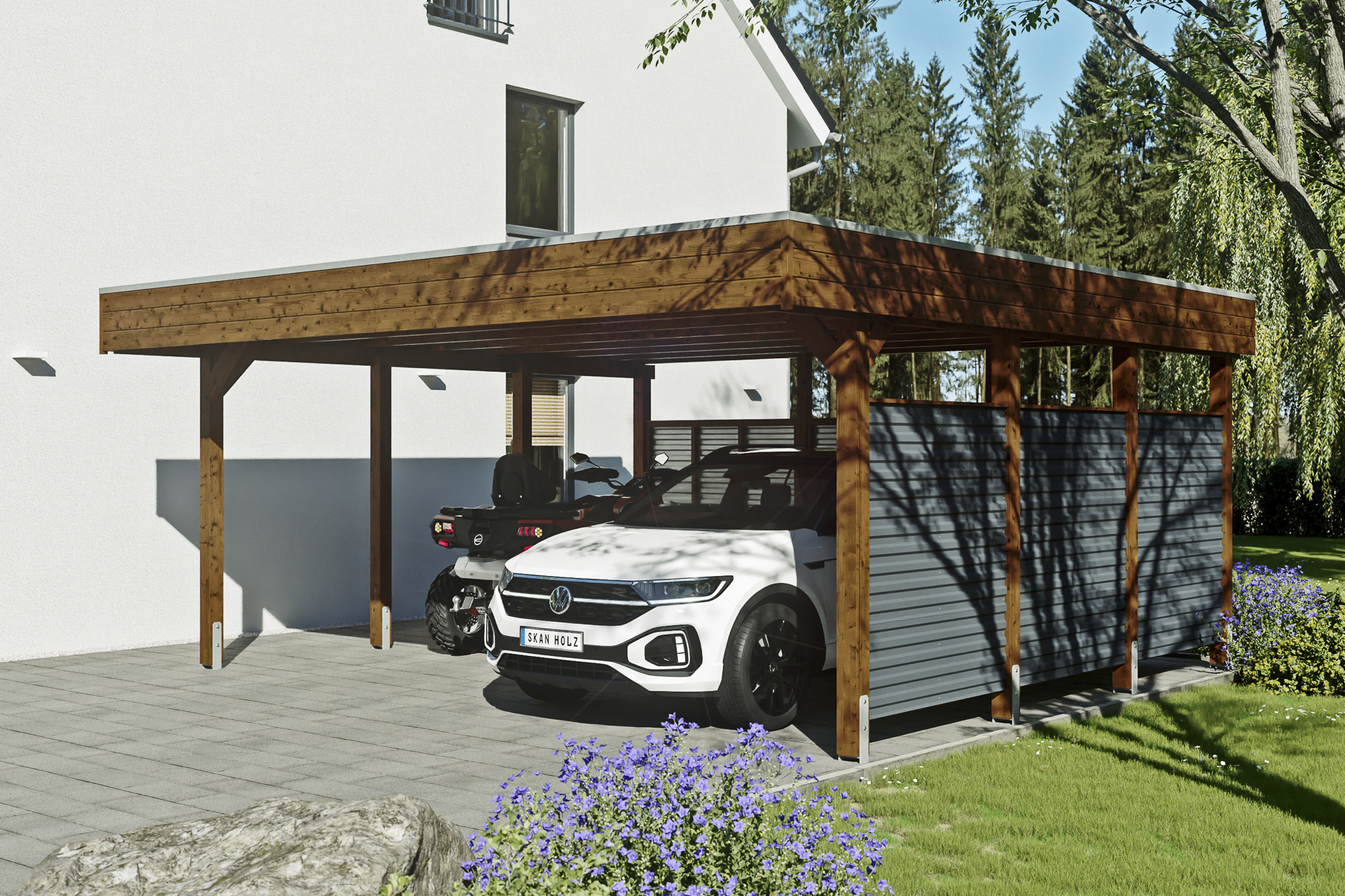 AI generated – Carport Friesland Hybrid Set 13, 557 x 555 cm mit Rück- und Seitenwand, nussbaum