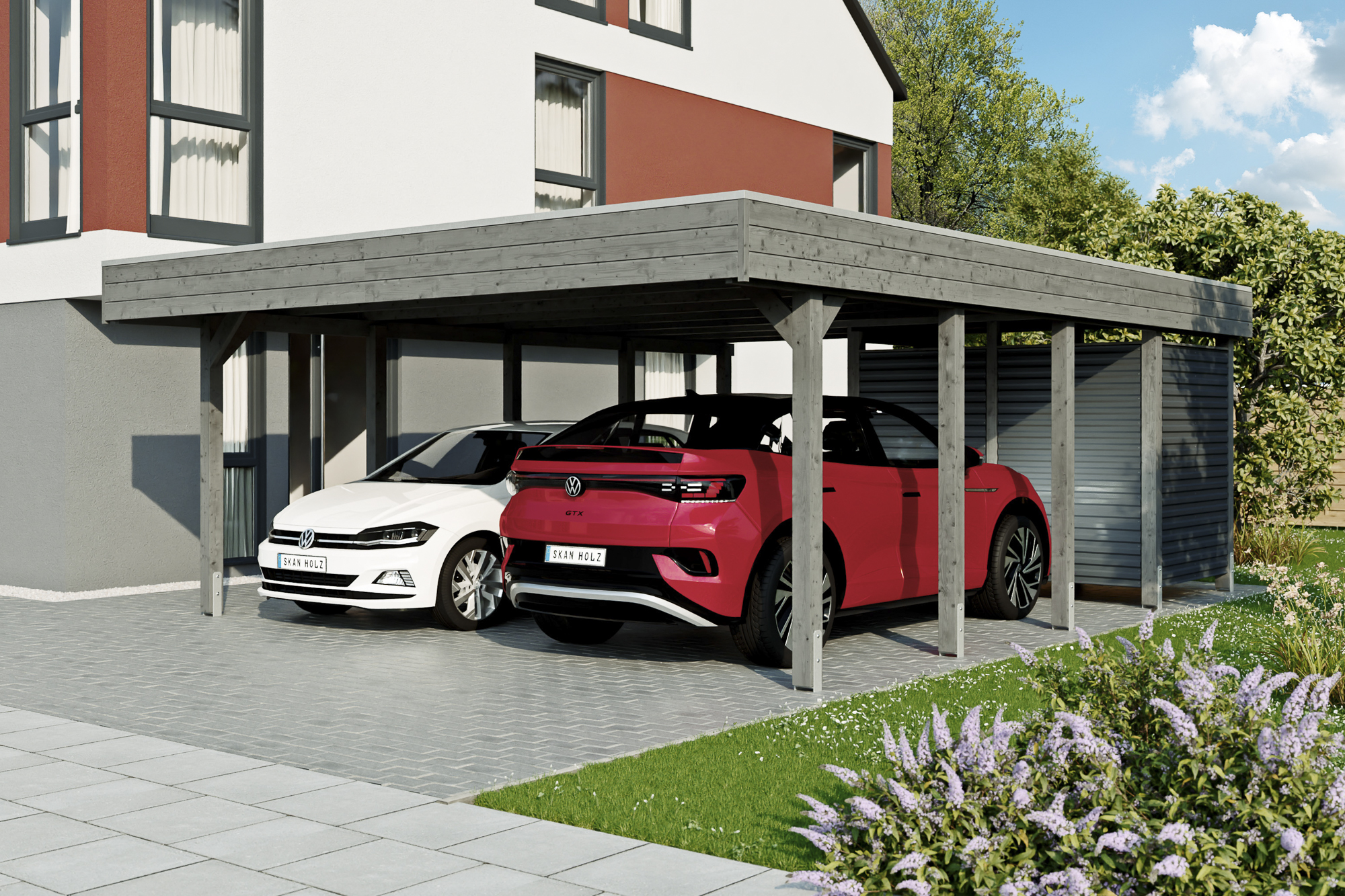 AI generated – Carport Friesland Hybrid Set 14, 557 x 708 cm mit Abstellraum, schiefergrau