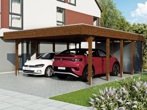 AI generated – Carport Friesland Hybrid Set 14, 557 x 708 cm mit Abstellraum, nussbaum