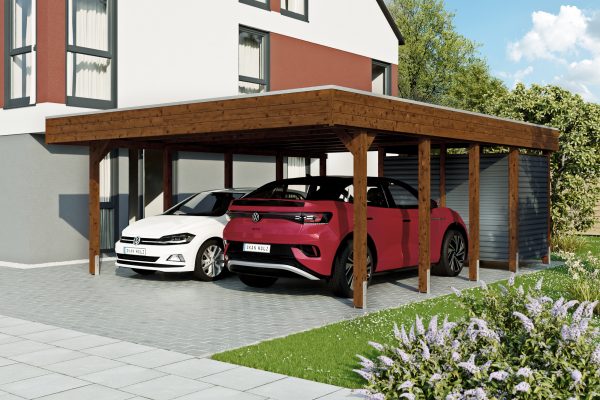 AI generated – Carport Friesland Hybrid Set 14, 557 x 708 cm mit Abstellraum, nussbaum
