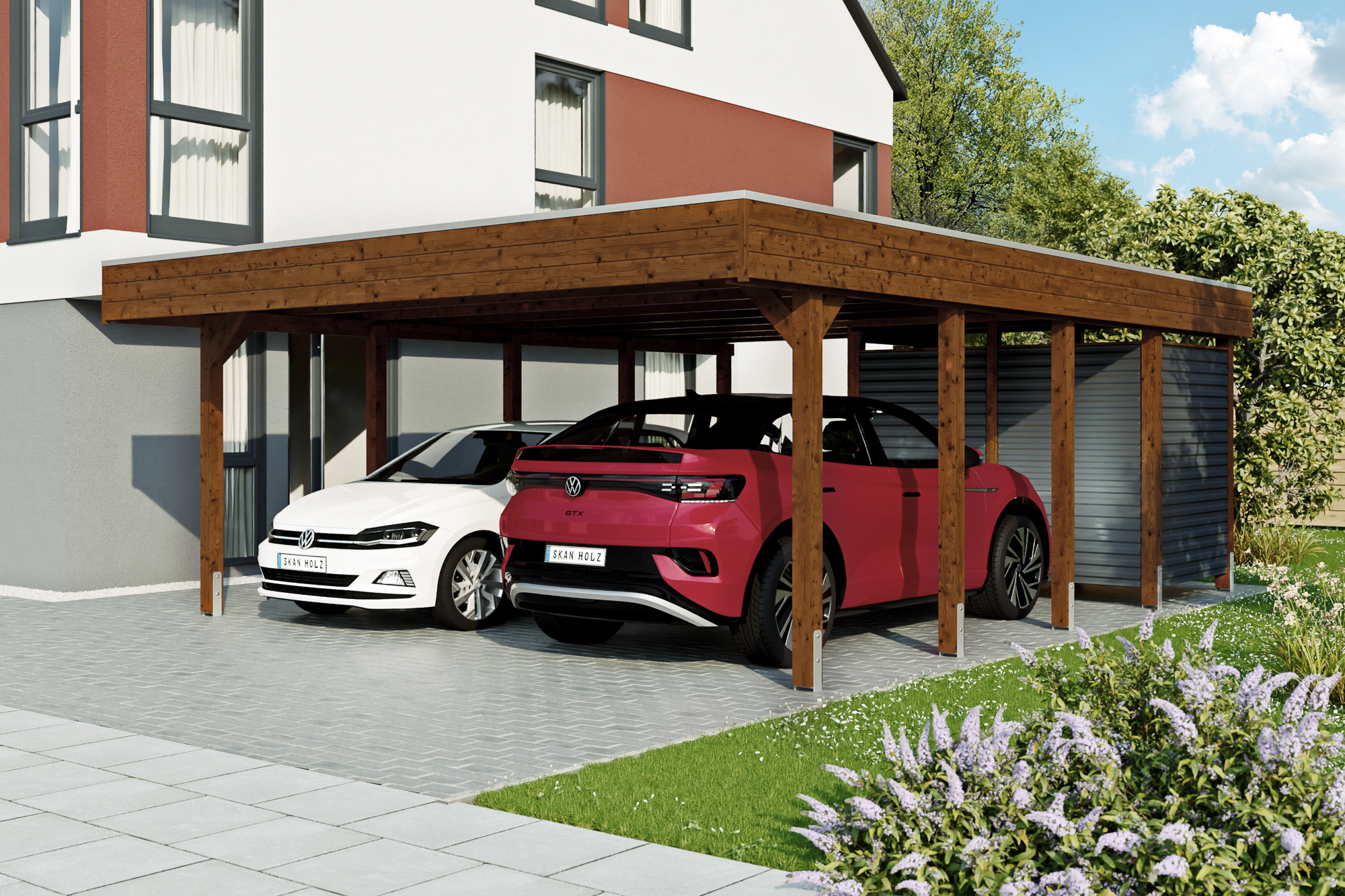 AI generated – Carport Friesland Hybrid Set 14, 557 x 708 cm mit Abstellraum, nussbaum