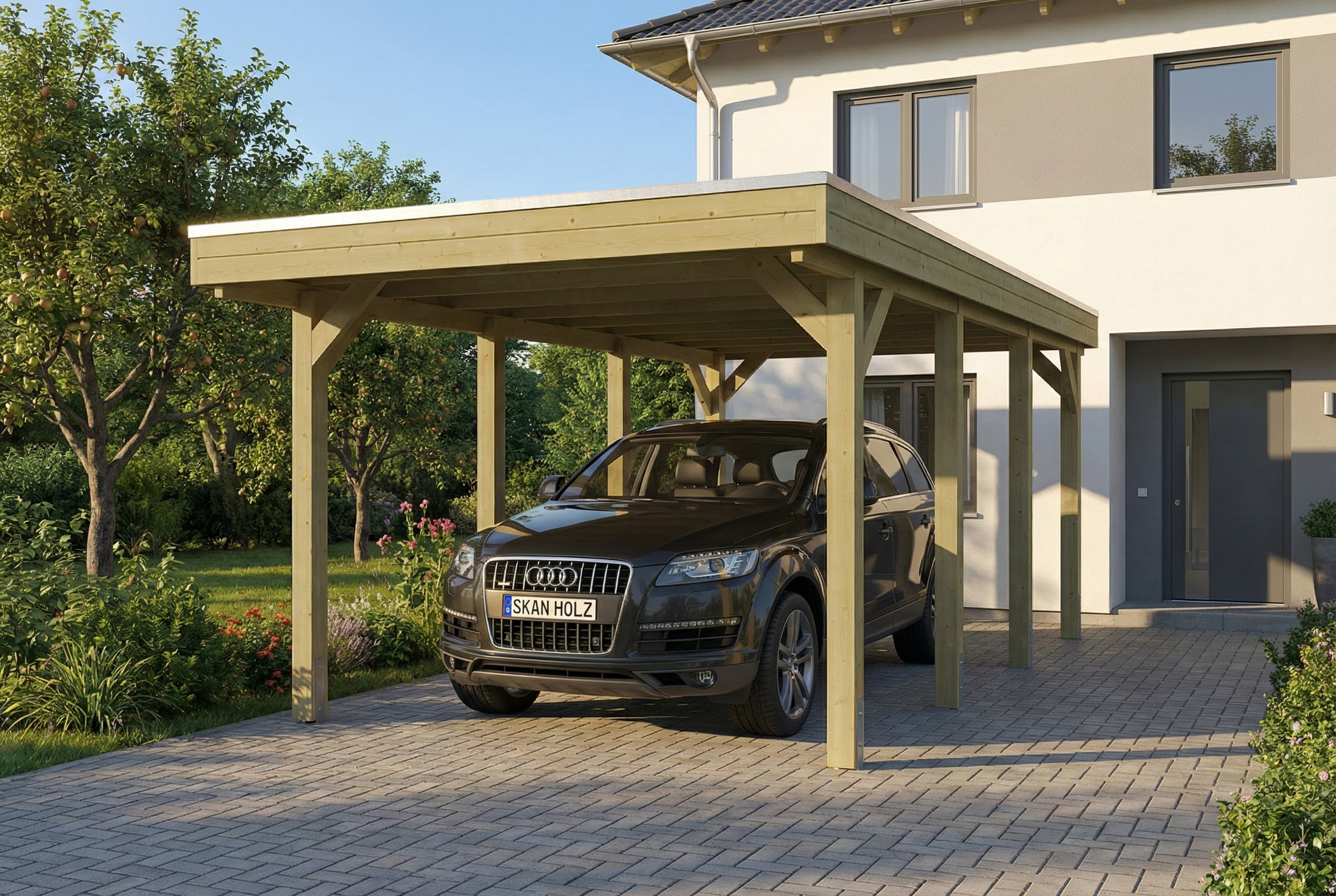 AI generated – Carport Friesland 320 x 555 cm, mit Stahl-Dachplatten, grün imprägniert