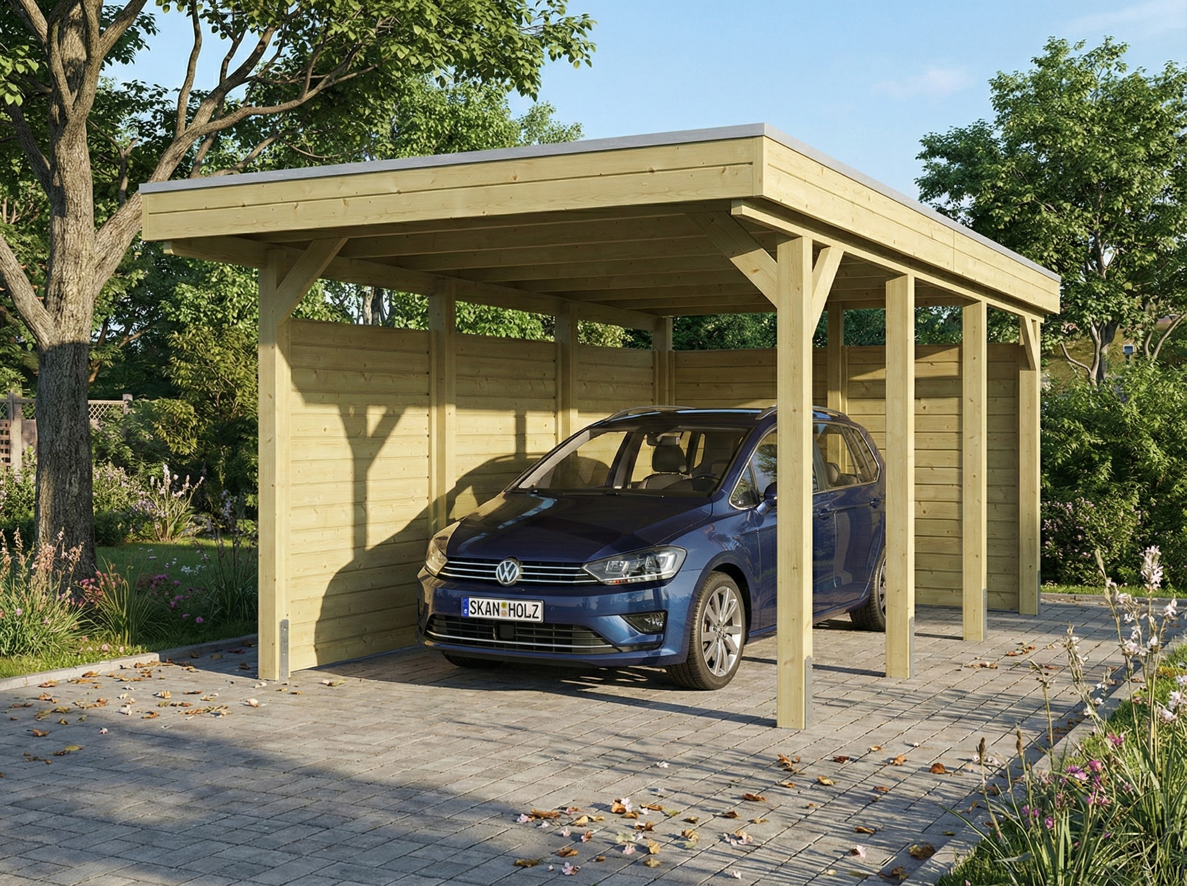 AI generated – Carport Friesland Set A, 320 x 555 cm, mit Seiten- und Rückwand, grün imprägniert
