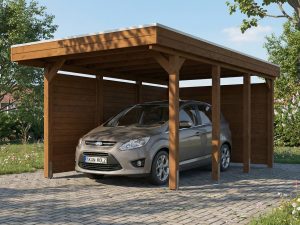 AI generated – Carport Friesland Set A, 320 x 555 cm, mit Seiten- und Rückwand, nussbaum