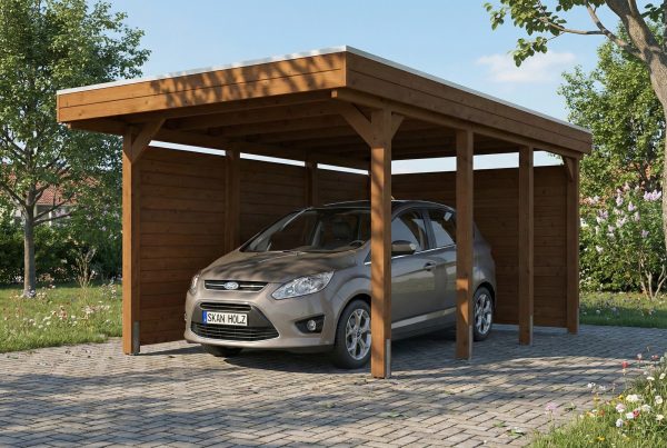 AI generated – Carport Friesland Set A, 320 x 555 cm, mit Seiten- und Rückwand, nussbaum