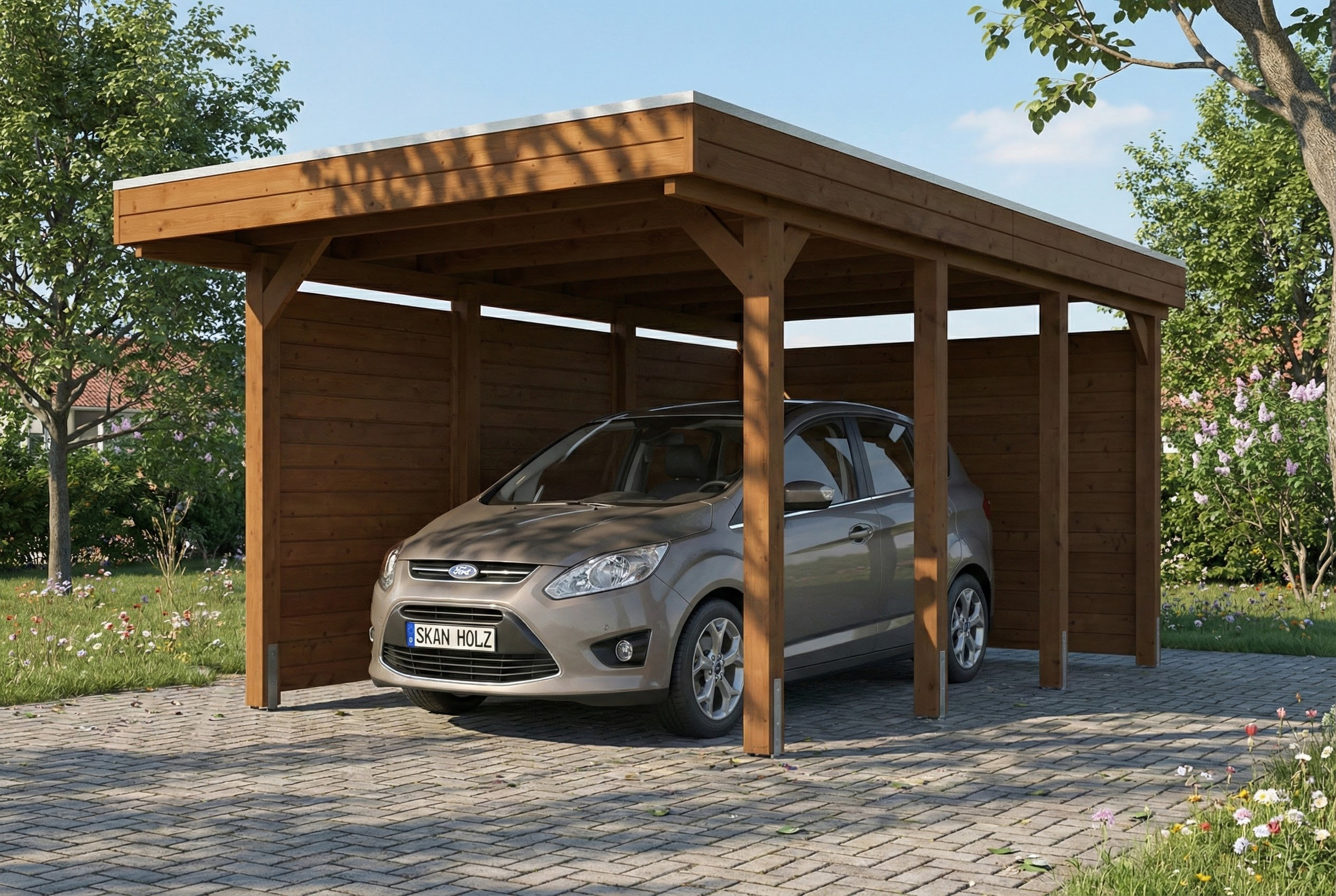 AI generated – Carport Friesland Set A, 320 x 555 cm, mit Seiten- und Rückwand, nussbaum