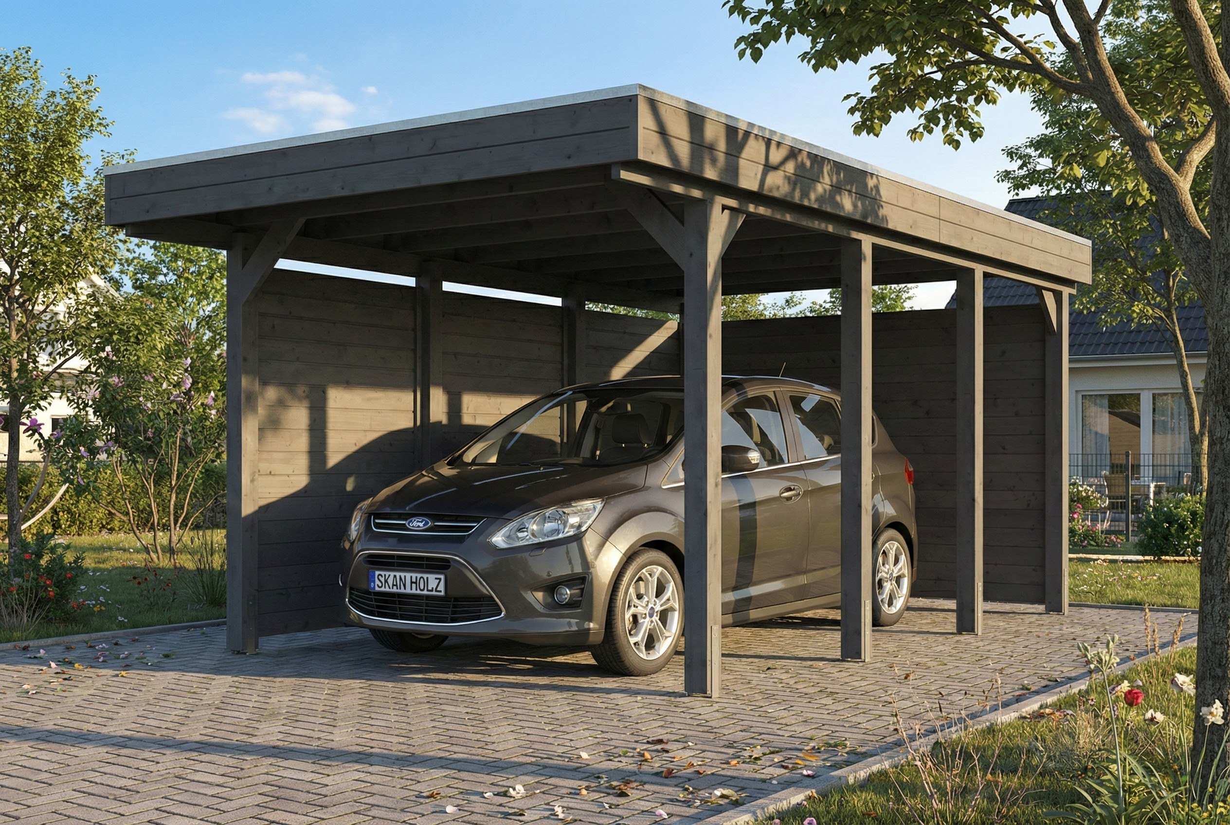 AI generated – Carport Friesland Set A, 320 x 555 cm, mit Seiten- und Rückwand, schiefergrau