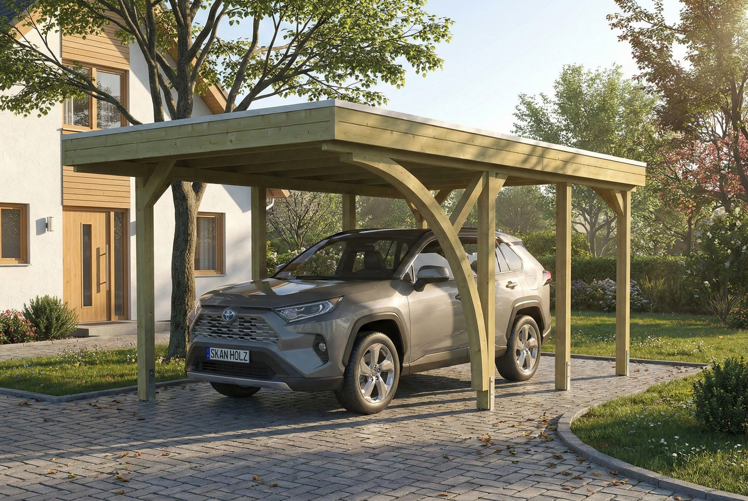 AI generated – Carport Friesland Set E, 320 x 555 cm, mit einem Einfahrtsbogen, grün imprägniert