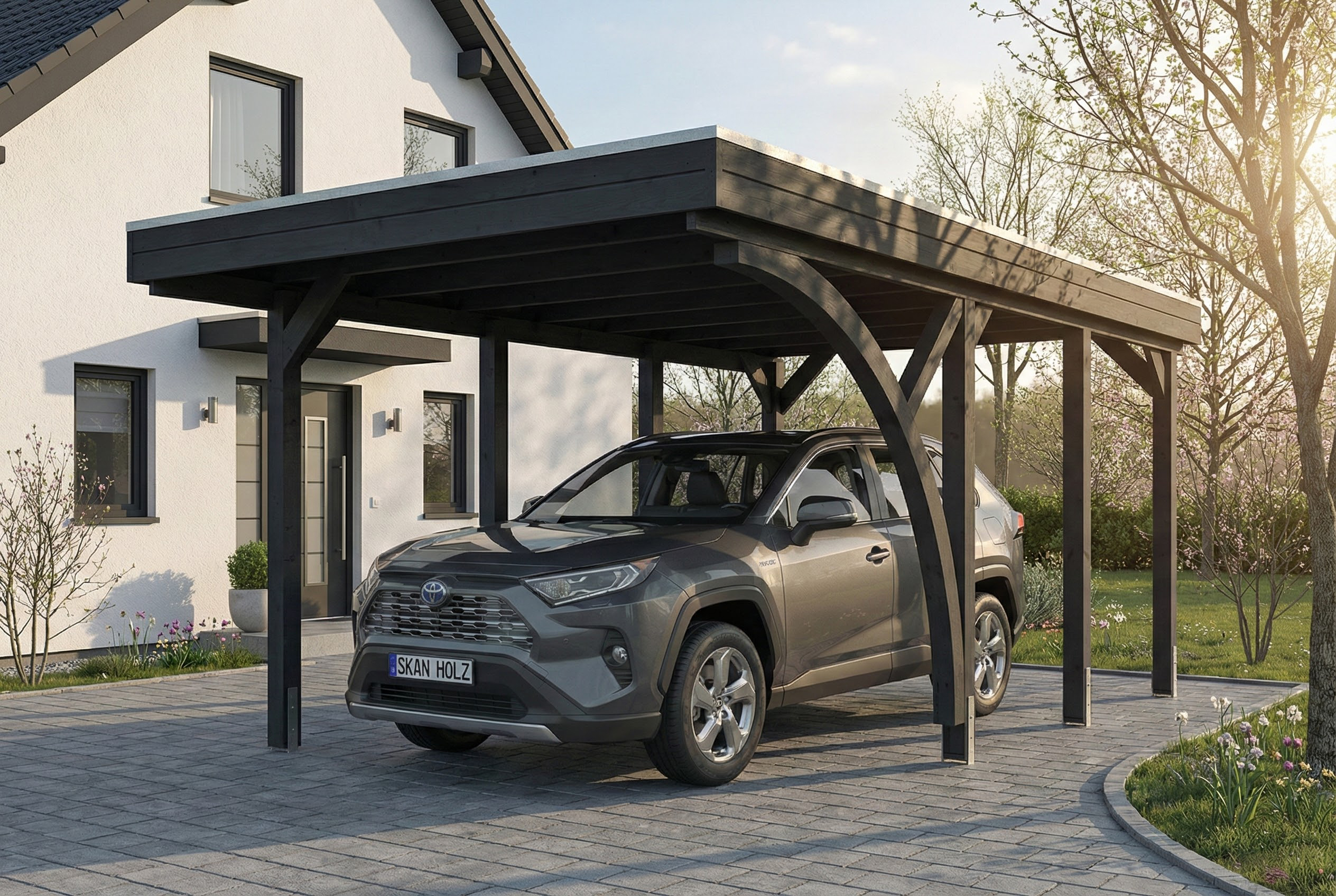 AI generated – Carport Friesland Set E, 320 x 555 cm, mit einem Einfahrtsbogen, anthrazit