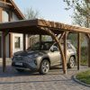 AI generated – Carport Friesland Set E, 320 x 555 cm, mit einem Einfahrtsbogen, nussbaum
