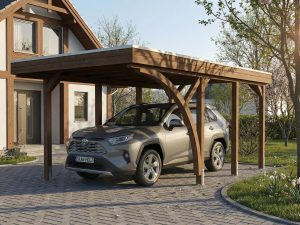 AI generated – Carport Friesland Set E, 320 x 555 cm, mit einem Einfahrtsbogen, nussbaum