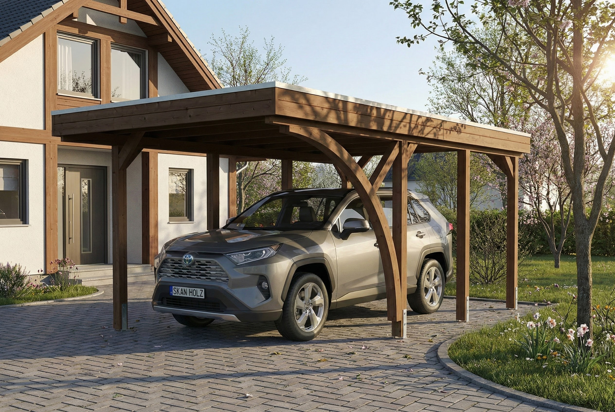 AI generated – Carport Friesland Set E, 320 x 555 cm, mit einem Einfahrtsbogen, nussbaum