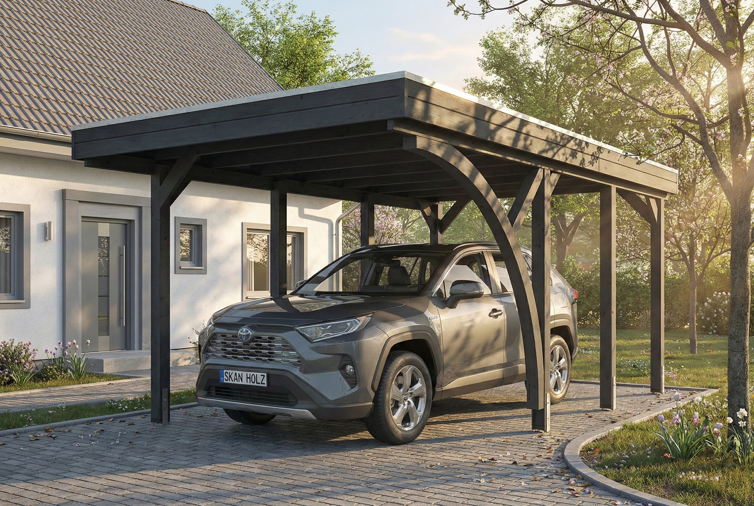 AI generated – Carport Friesland Set E, 320 x 555 cm, mit einem Einfahrtsbogen, schiefergrau