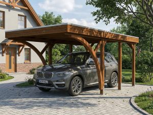 AI generated – Carport Friesland Set F, 320 x 555 cm, mit zwei Einfahrtsbögen, nussbaum
