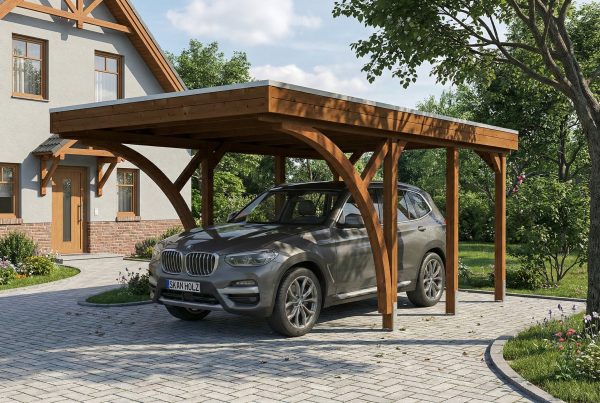 AI generated – Carport Friesland Set F, 320 x 555 cm, mit zwei Einfahrtsbögen, nussbaum