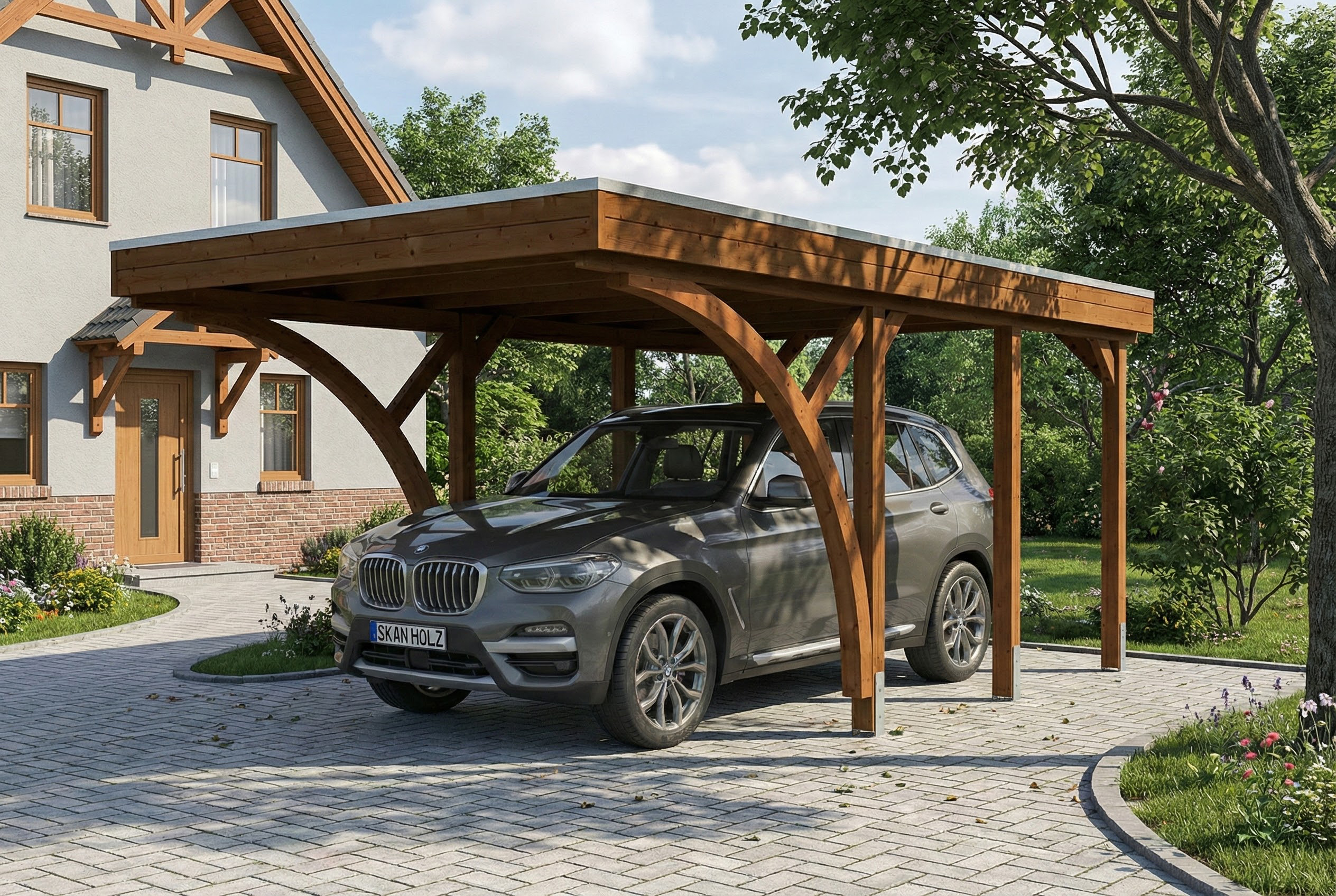 Carport Friesland Set F, 320 x 555 cm, mit zwei Einfahrtsbögen, nussbaum AI generated – Carport Friesland Set F, 320 x 555 cm, mit zwei Einfahrtsbögen, nussbaum