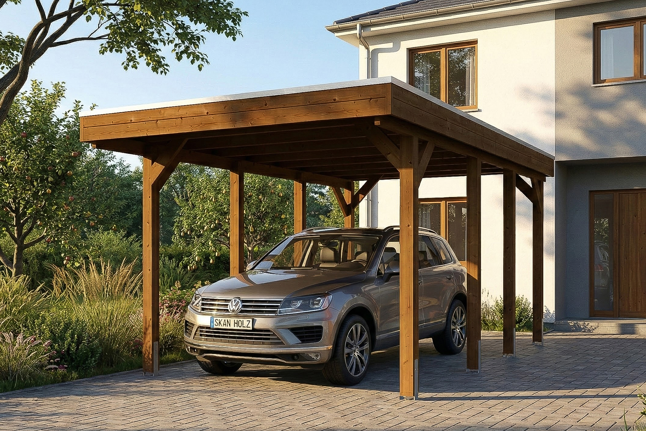 AI generated – Carport Friesland 320 x 555 cm, mit Stahl-Dachplatten, nussbaum