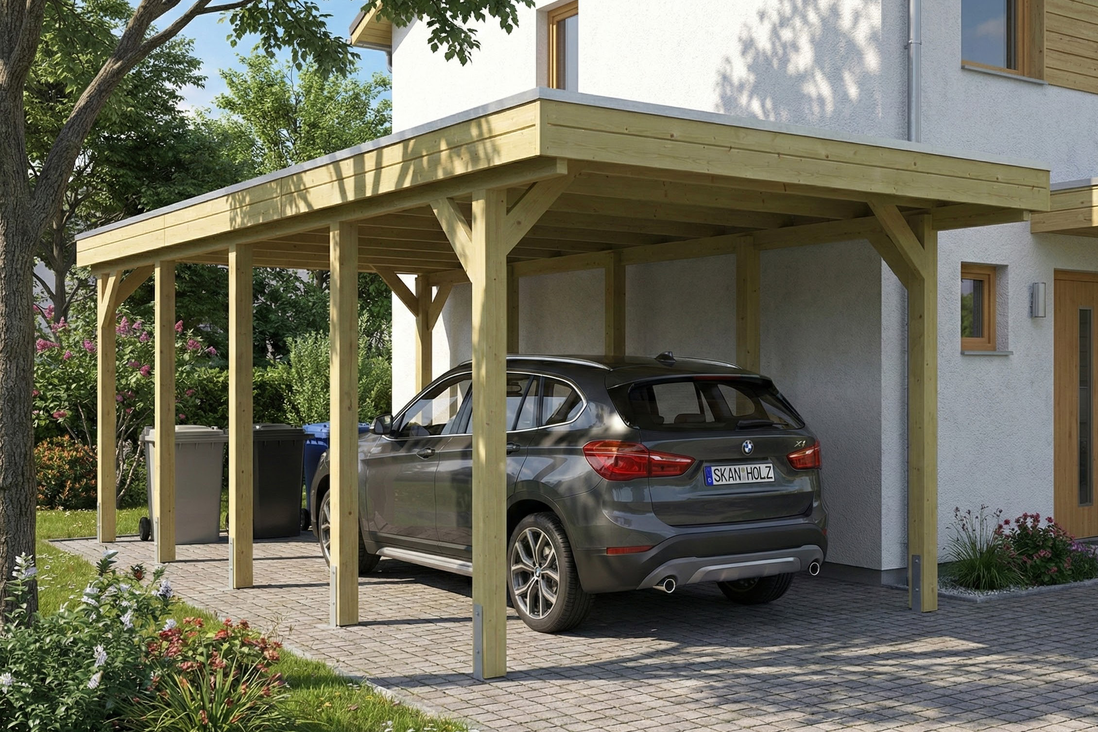 AI generated – Carport Friesland 320 x 708 cm, mit Stahl-Dachplatten, grün imprägniert